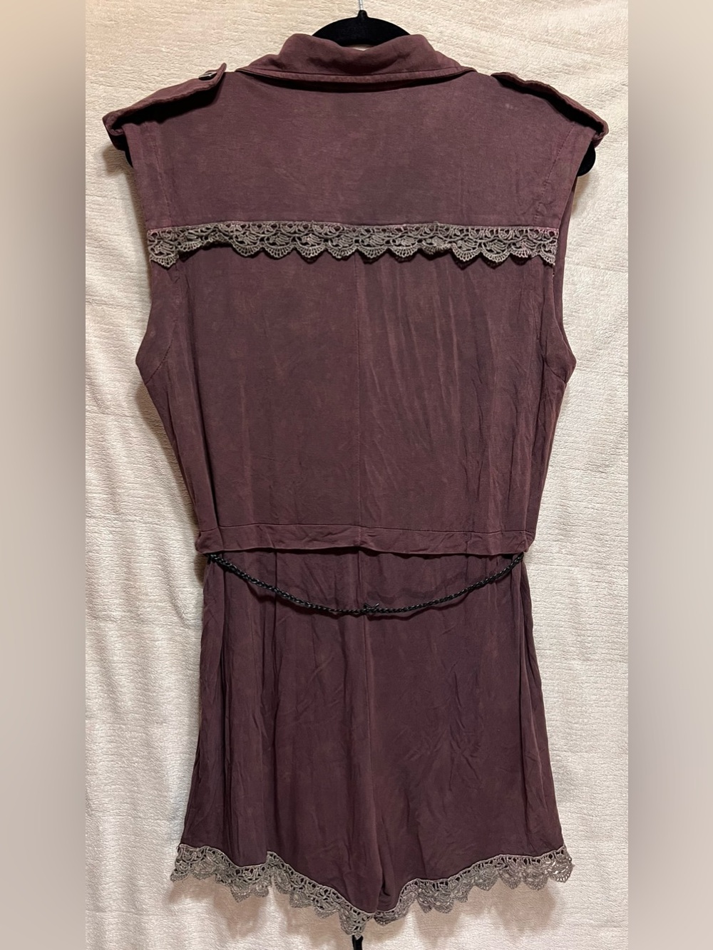 POL Dusty Mauve Utility Romper Leather Tassel Belt Lace Trim Zip Front Boho S - Picture 7 of 8